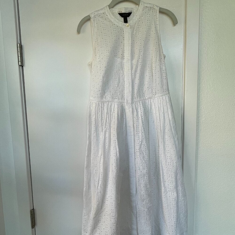 J. Crew Eyelet Sleeveless Midi Dress, Front Button Down, White, Size 0, G4807